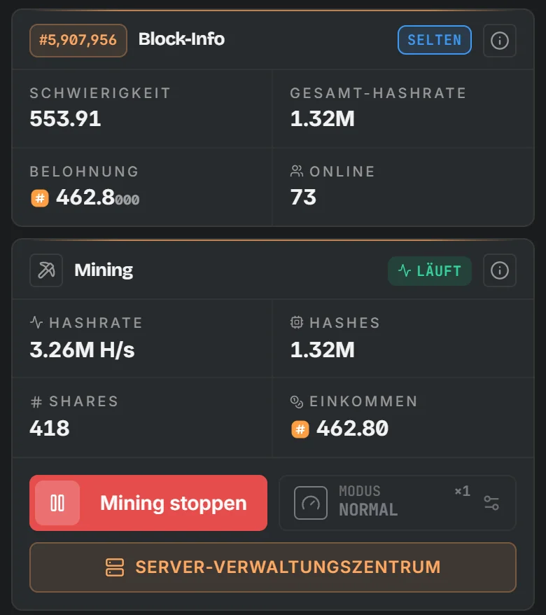 Block- und Mining-Karten in der App: Schwierigkeit, Belohnung, Hashrate und Einnahmen