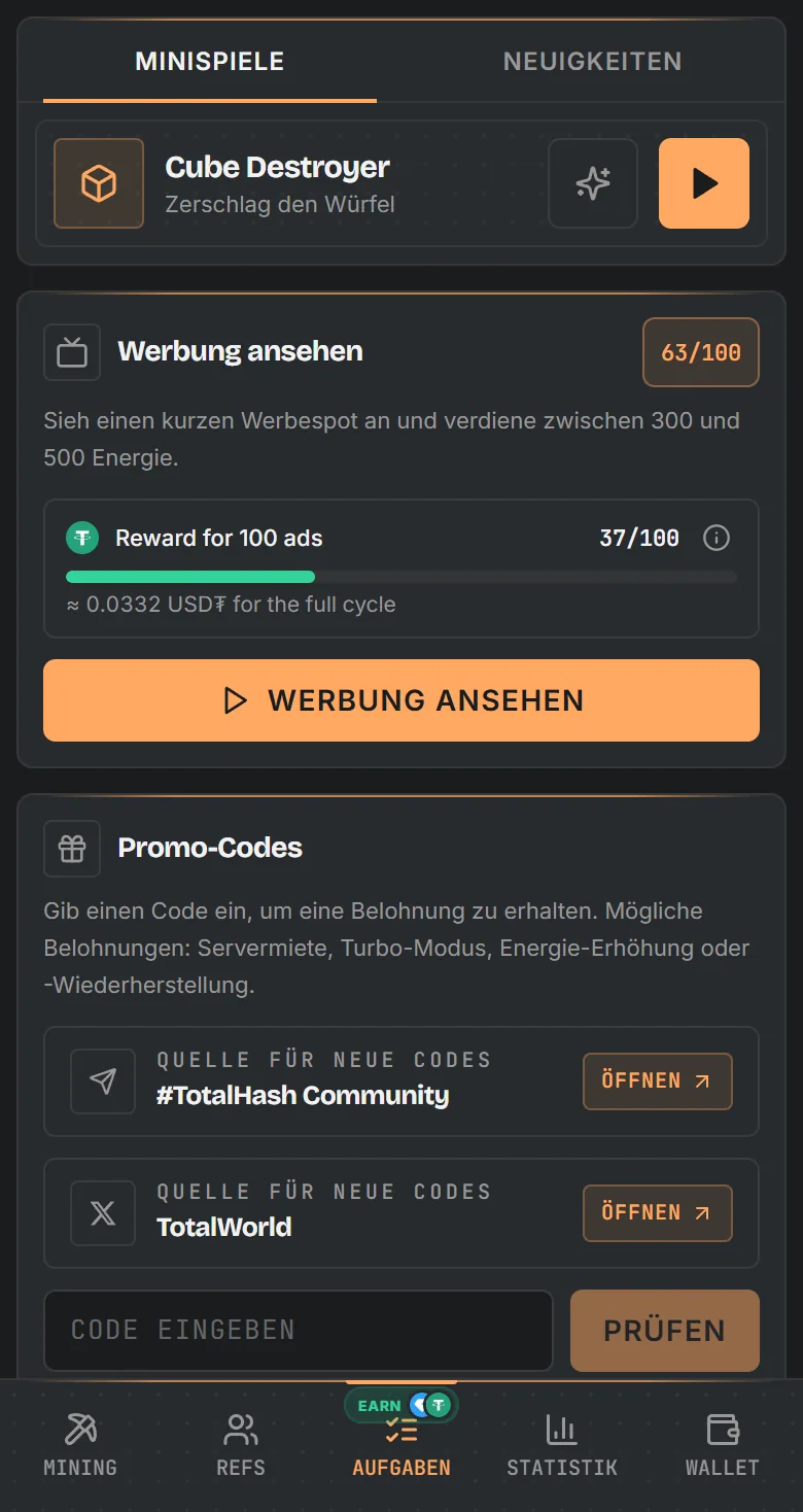 Aufgaben-Bildschirm von TotalHash: Minispiele, Werbung mit USD₮-Fortschritt und Belohnungscodes