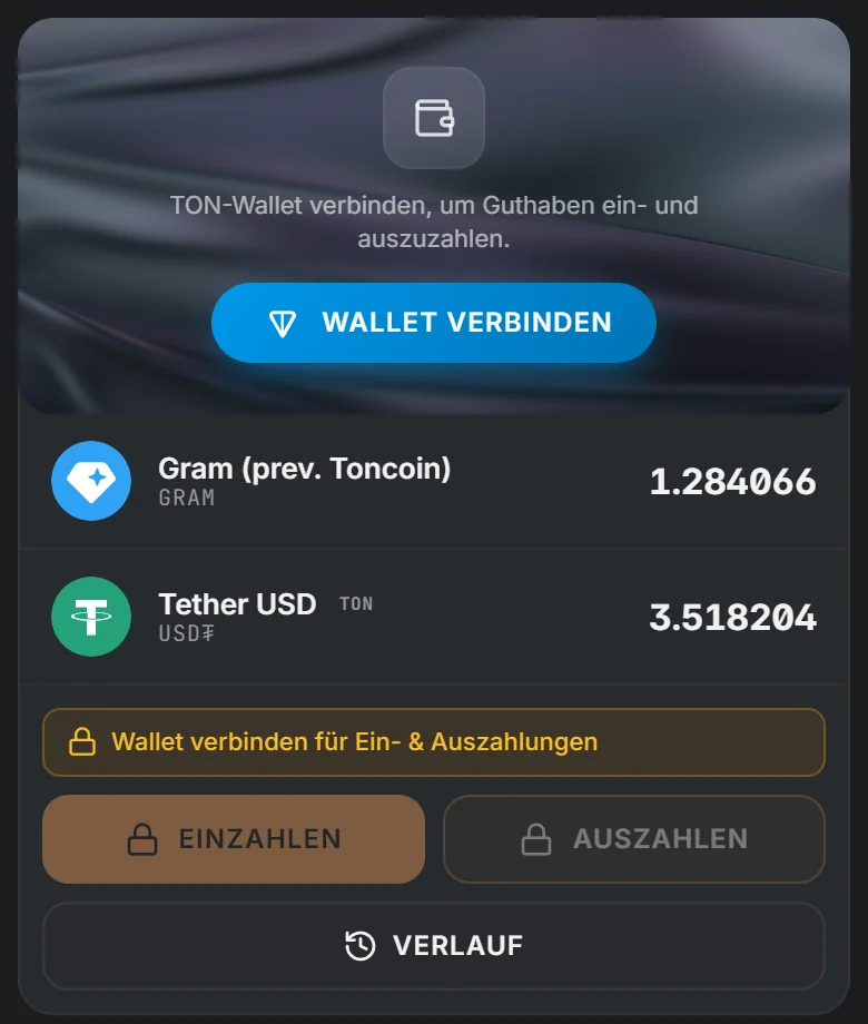 Eingebaute Wallet von TotalHash mit GRAM- und USD₮-Guthaben