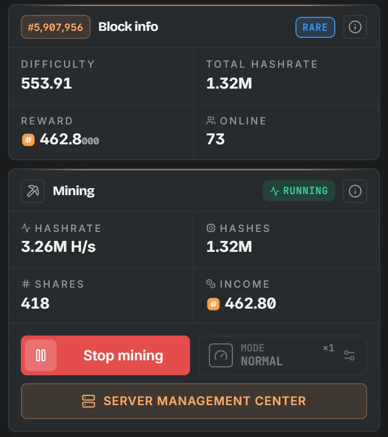 Block and mining cards in the app: difficulty, reward, hashrate and income