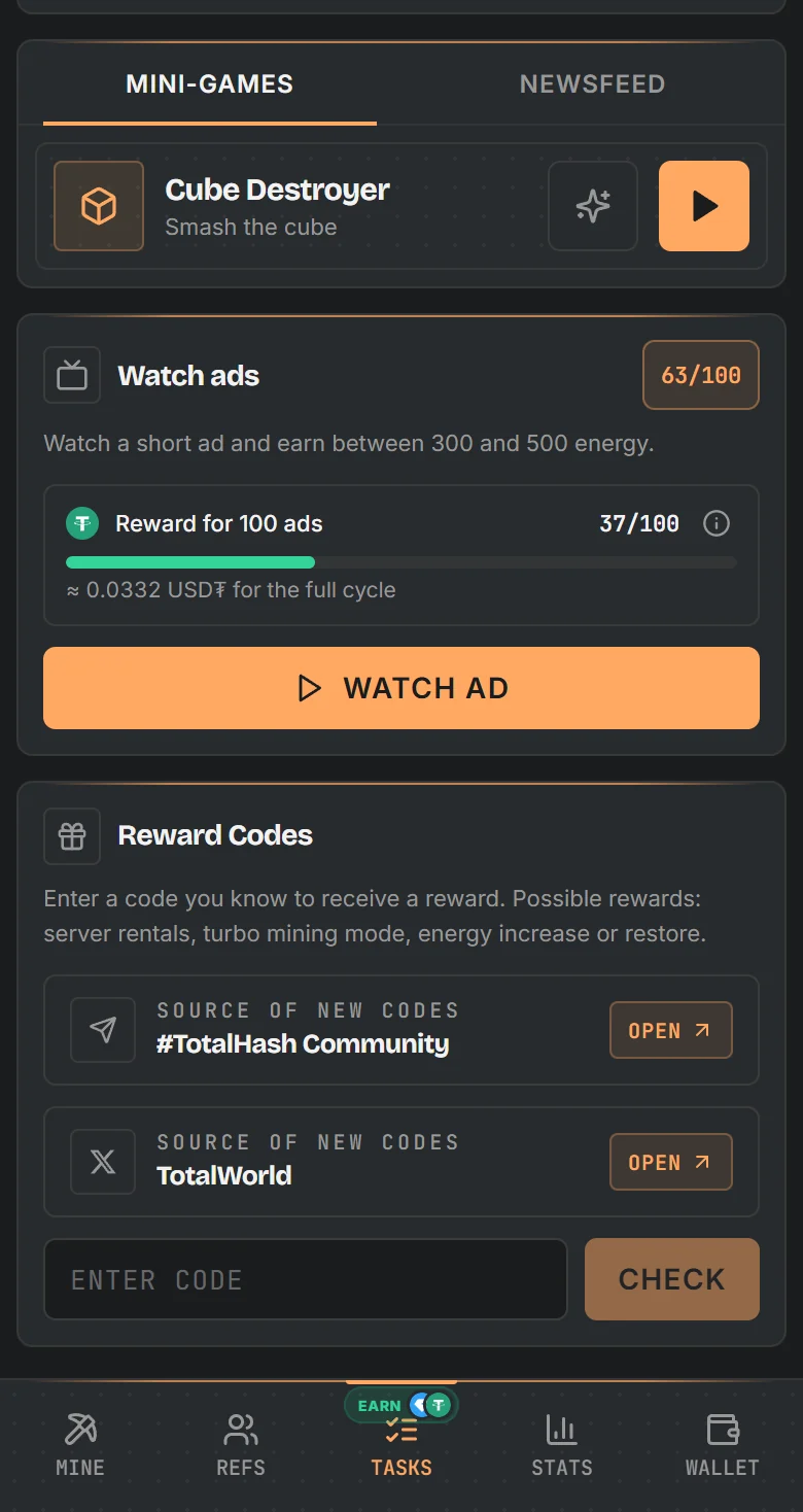 TotalHash tasks screen: mini-games, ads with USD₮ reward progress and reward codes