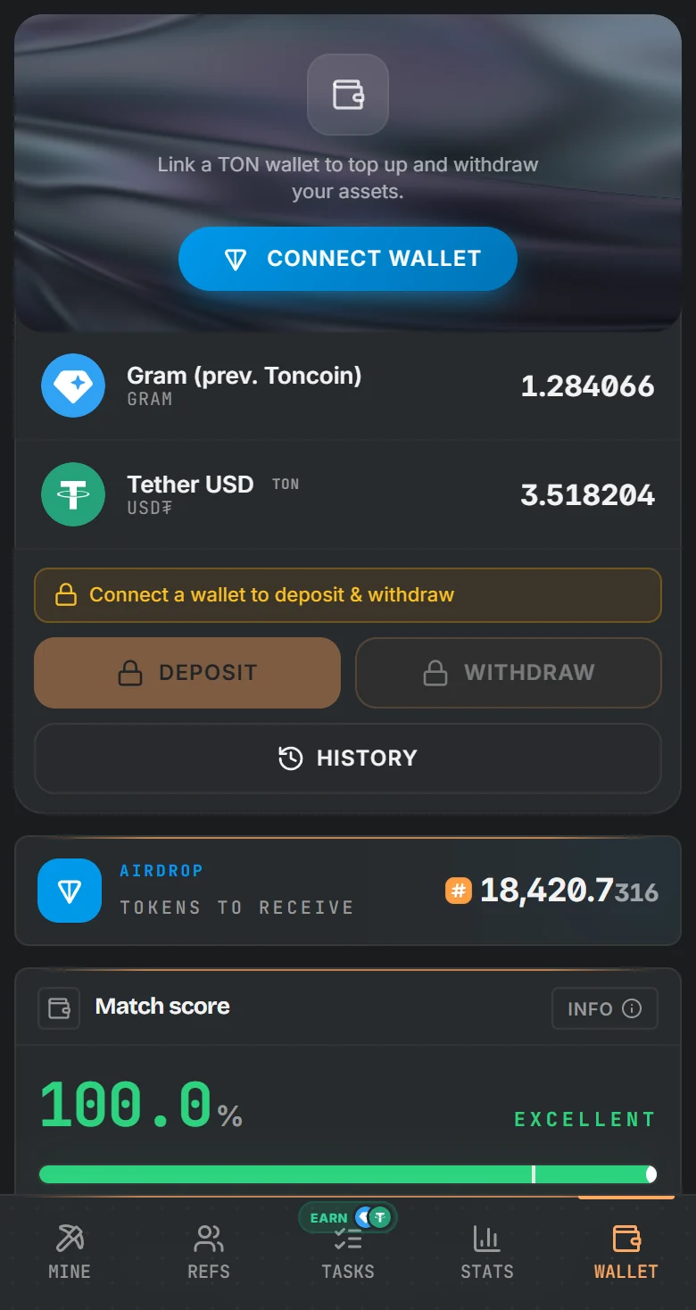 TotalHash wallet with GRAM and USD₮ balances