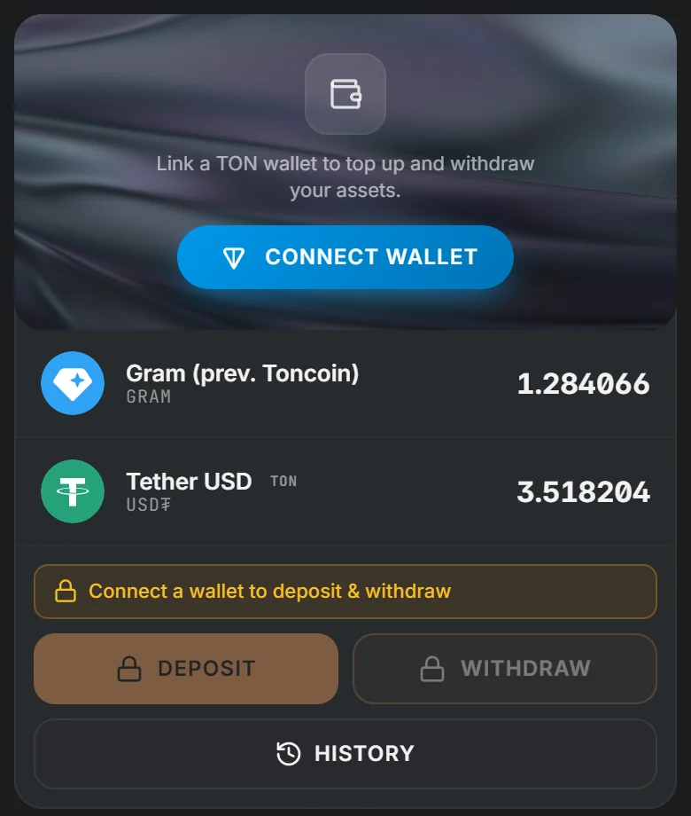 TotalHash built-in wallet with GRAM and USD₮ balances