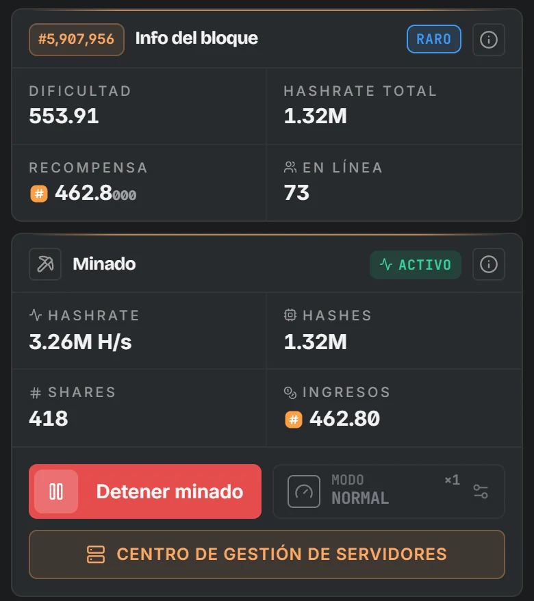 Tarjetas de bloque y minería en la app: dificultad, recompensa, hashrate e ingresos