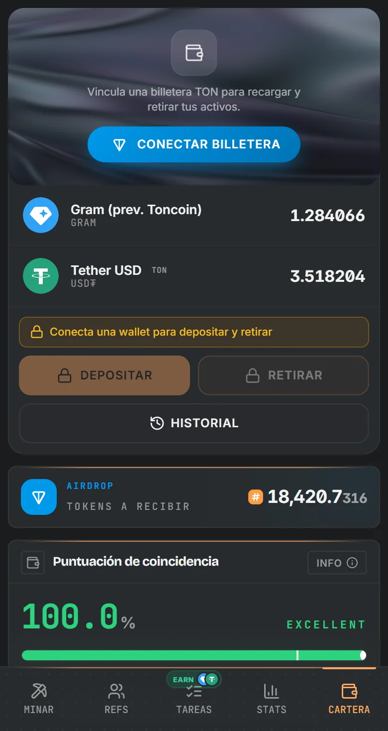 Billetera de TotalHash con saldos en GRAM y USD₮