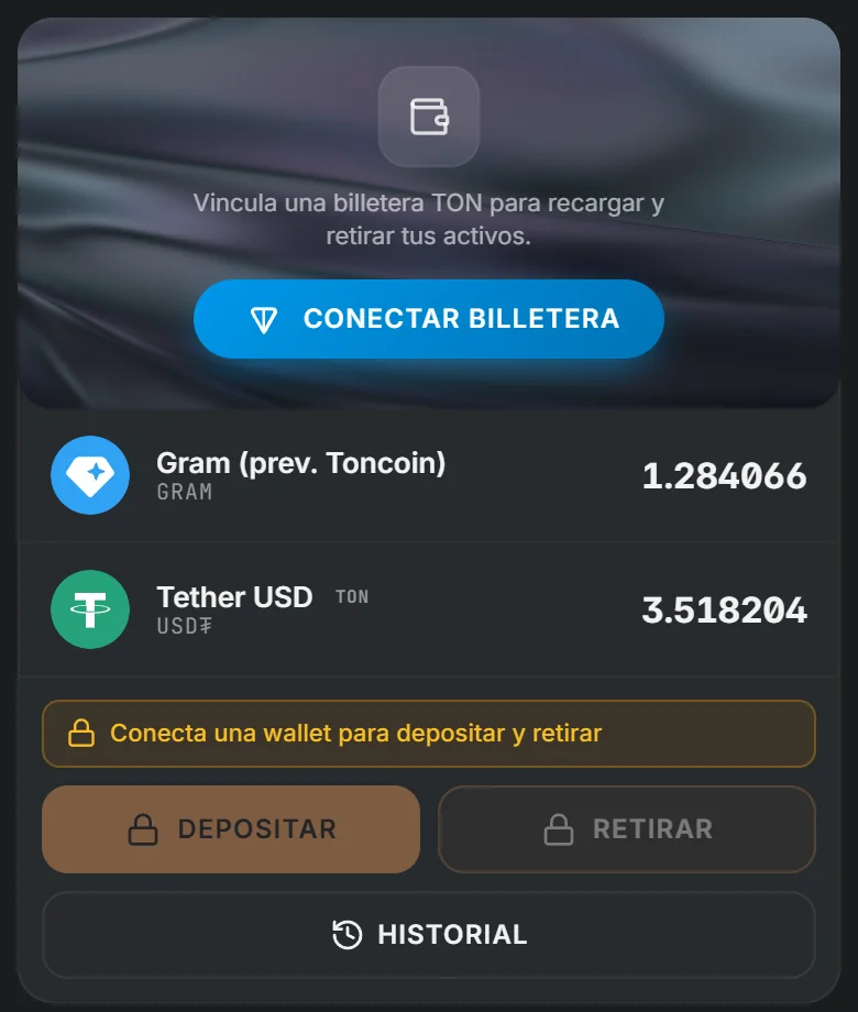 Billetera integrada de TotalHash con saldos en GRAM y USD₮