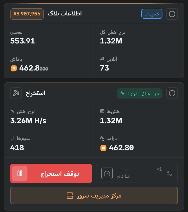 کارت‌های بلوک و استخراج در اپلیکیشن: سختی، پاداش، هش‌ریت و درآمد