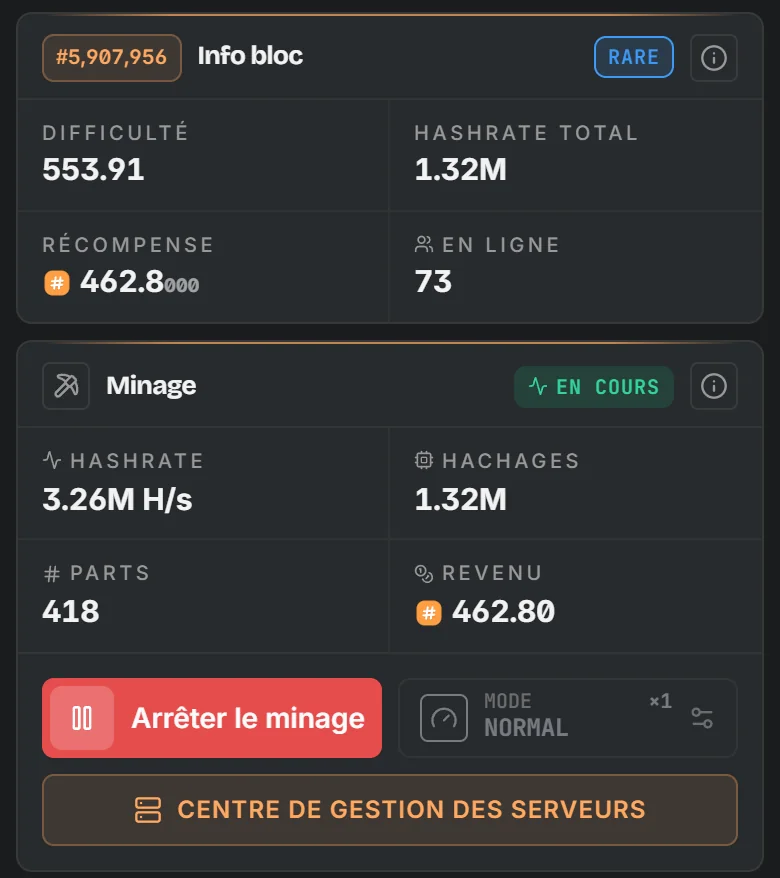 Cartes du bloc et du minage dans l'application : difficulté, récompense, hashrate et revenus