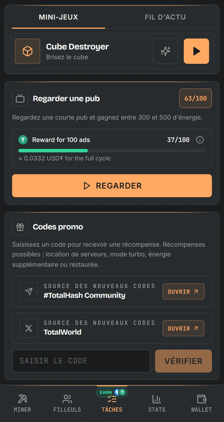 Écran des tâches TotalHash : mini-jeux, publicités avec progression USD₮ et codes de récompense