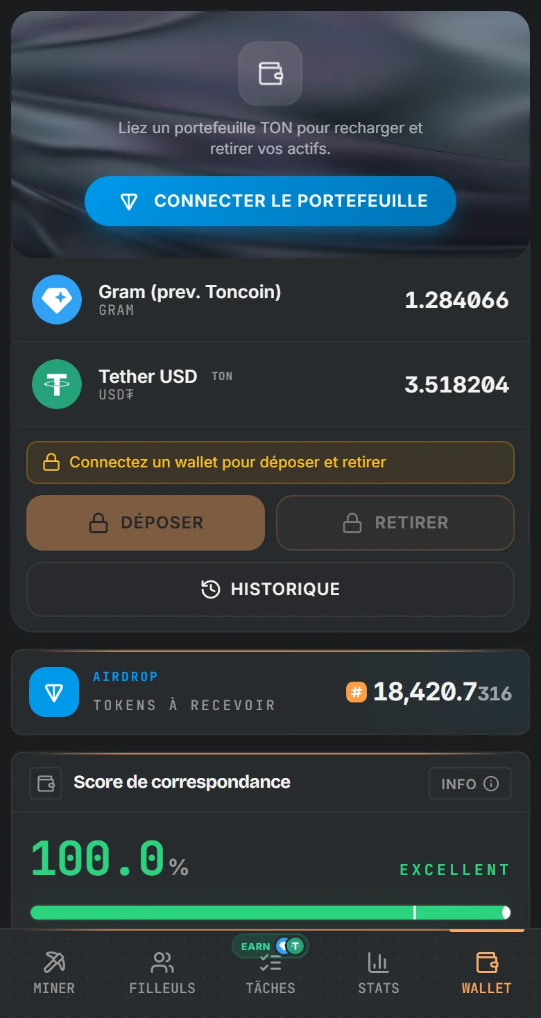 Portefeuille TotalHash avec soldes en GRAM et USD₮