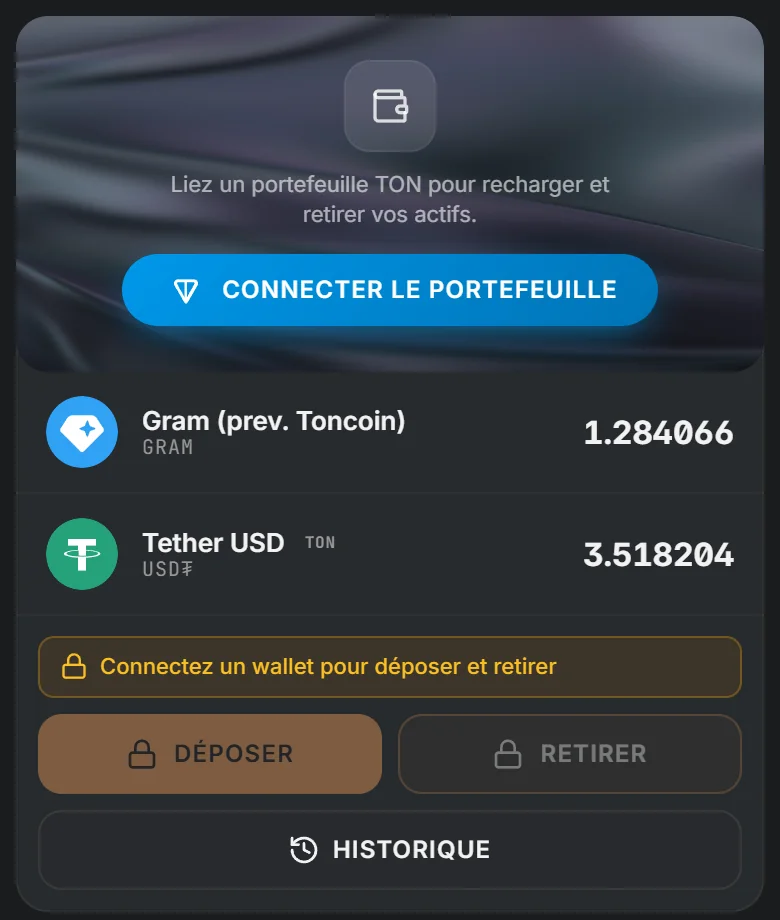 Portefeuille intégré de TotalHash avec soldes en GRAM et USD₮