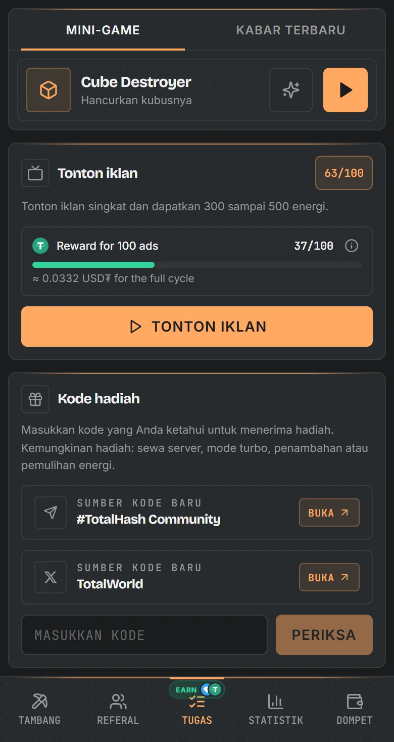 Layar tugas TotalHash: mini game, iklan dengan progres USD₮ dan kode hadiah