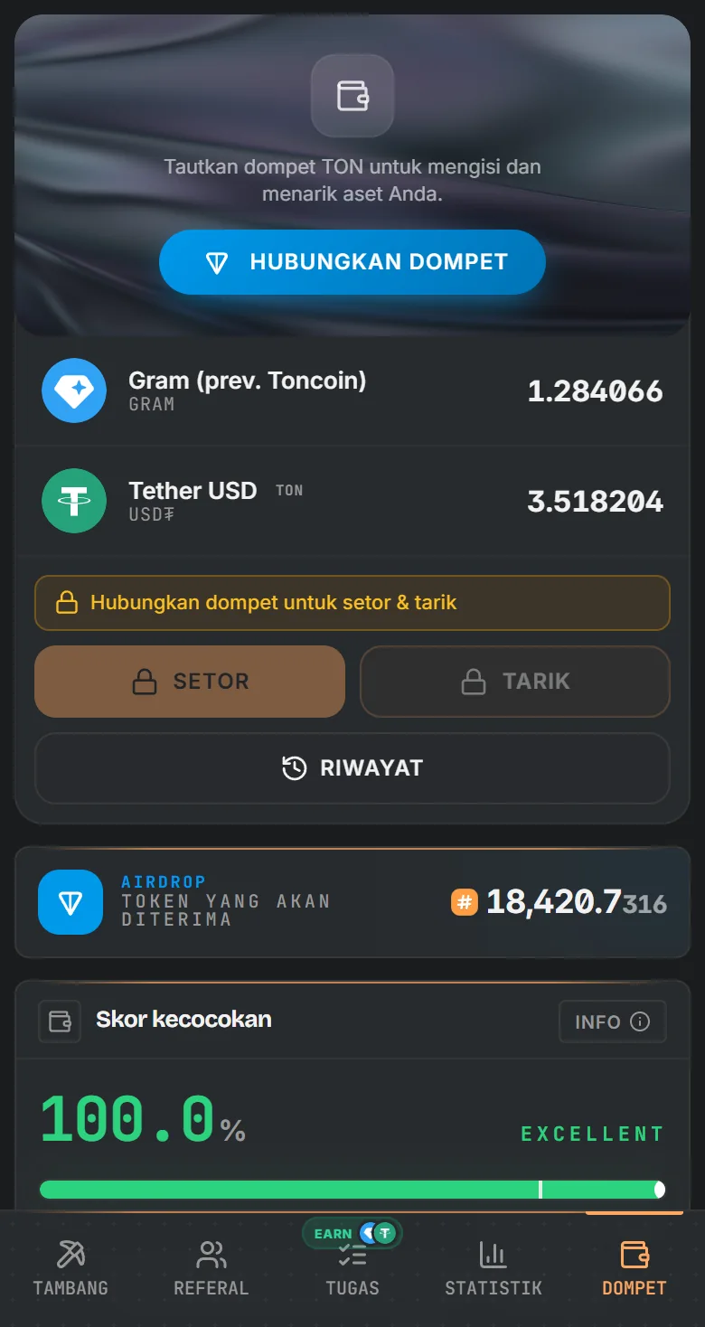 Dompet TotalHash dengan saldo GRAM dan USD₮