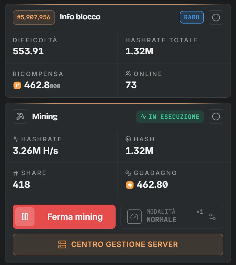 Schede del blocco e del mining nell'app: difficoltà, ricompensa, hashrate e guadagno