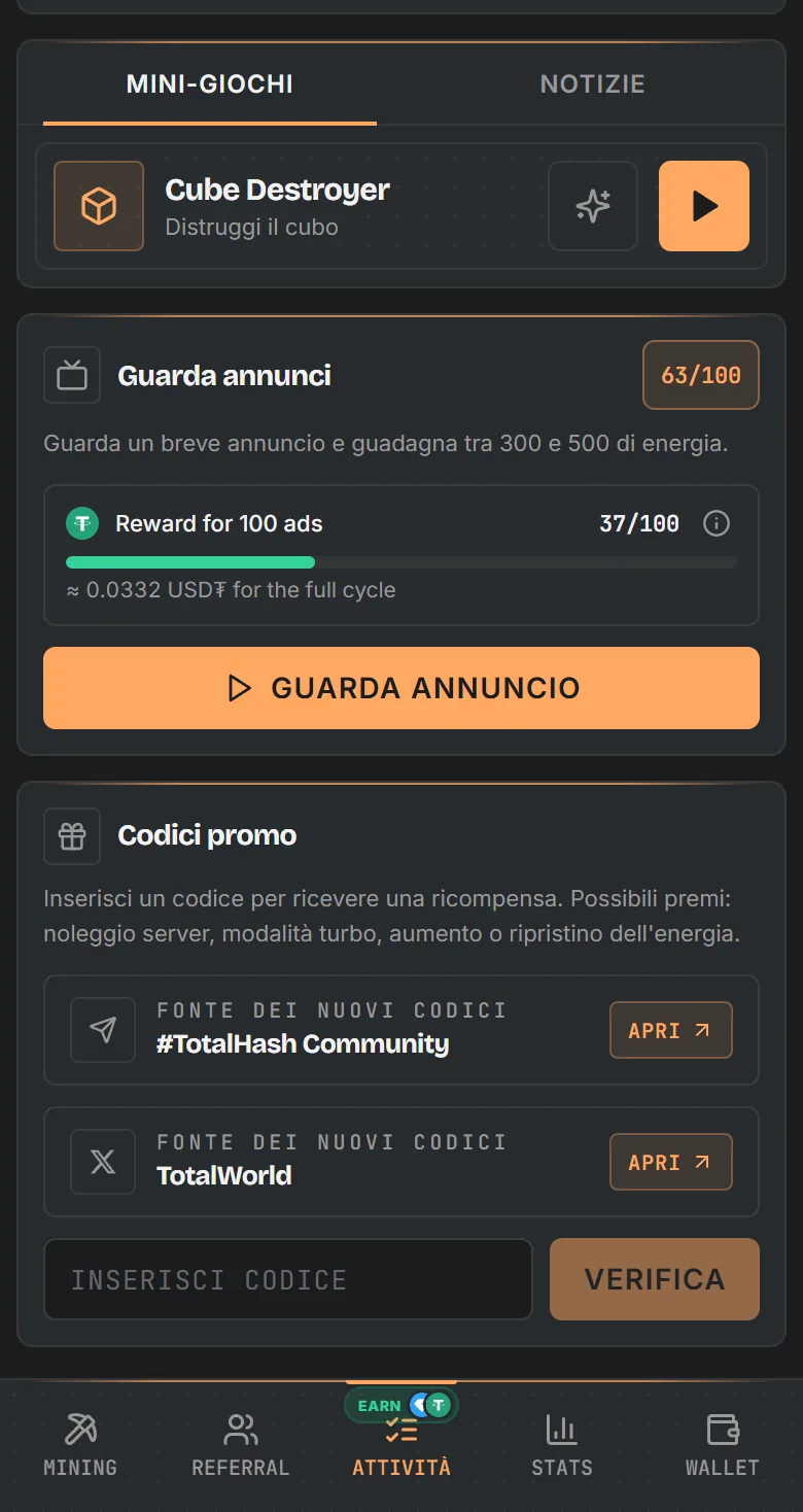 Schermata dei compiti di TotalHash: minigiochi, pubblicità con avanzamento in USD₮ e codici ricompensa