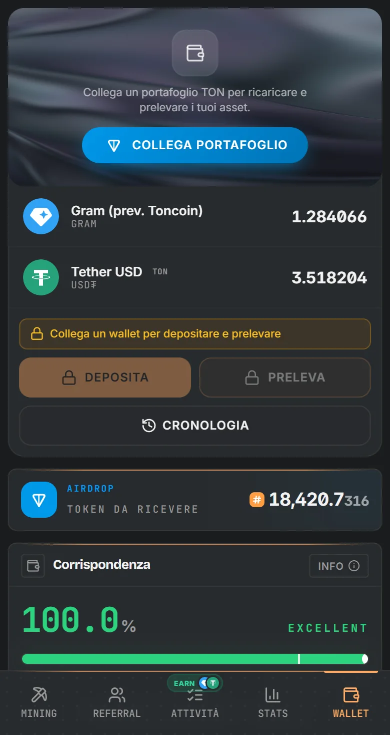 Wallet di TotalHash con saldi in GRAM e USD₮