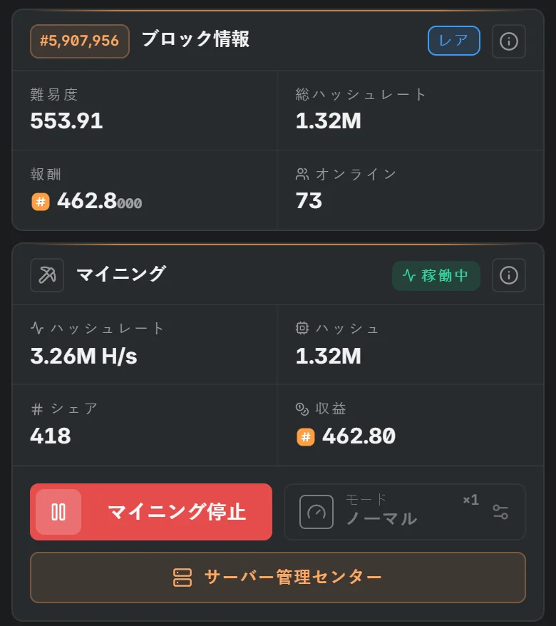 アプリのブロックとマイニングのカード：難易度、報酬、ハッシュレート、収益