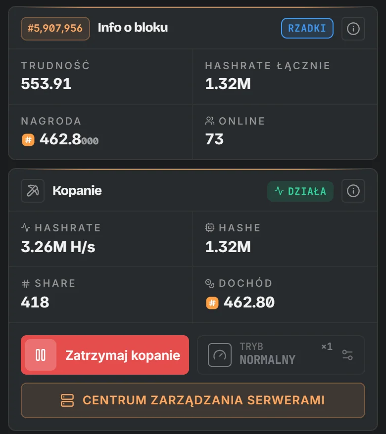 Karty bloku i kopania w aplikacji: trudność, nagroda, hashrate i dochód