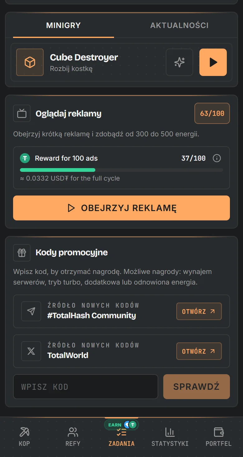 Ekran zadań TotalHash: minigry, reklamy z postępem w USD₮ i kody nagród
