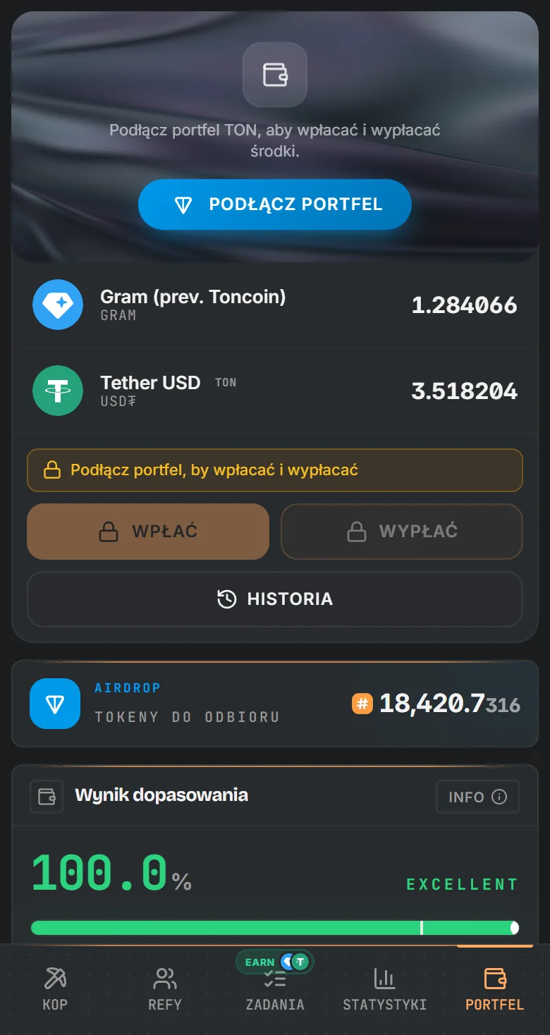 Portfel TotalHash z saldami GRAM i USD₮