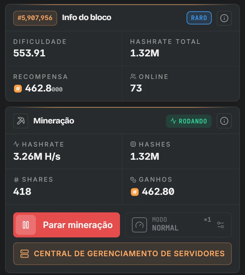 Cartões de bloco e mineração no app: dificuldade, recompensa, hashrate e renda
