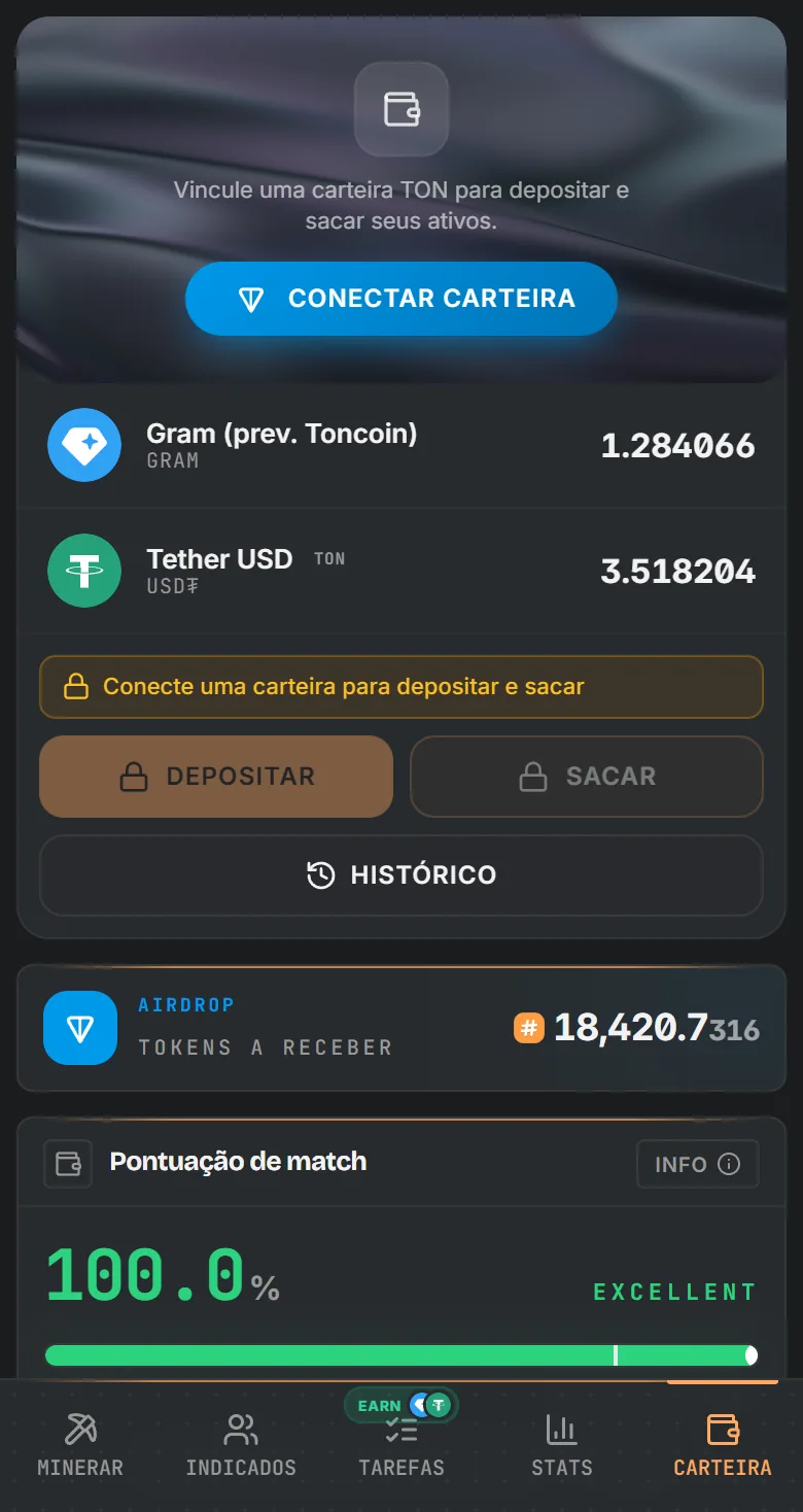Carteira do TotalHash com saldos em GRAM e USD₮