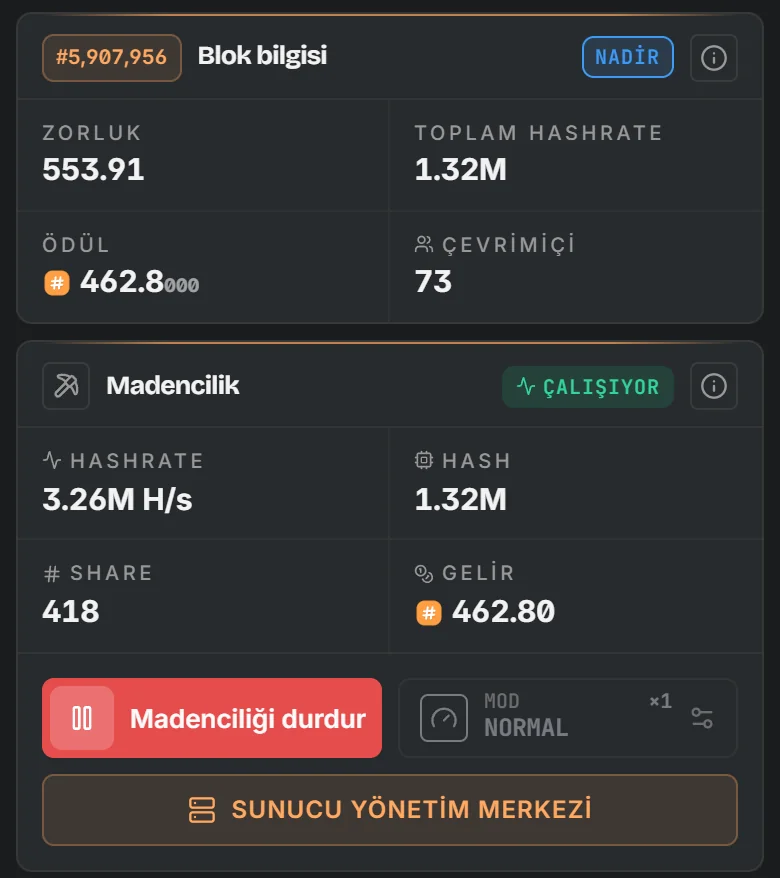 Uygulamada blok ve madencilik kartları: zorluk, ödül, hashrate ve gelir