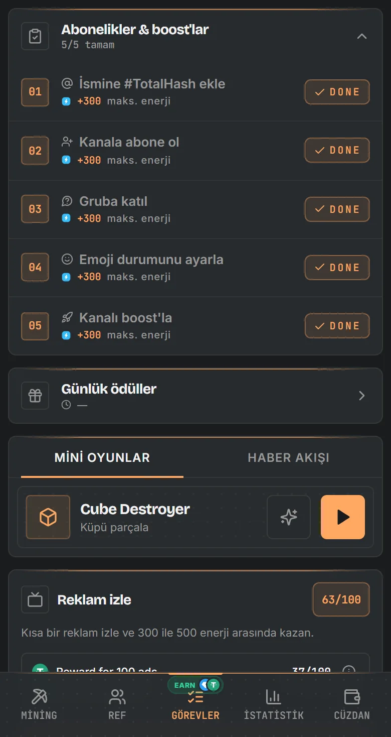 TotalHash görev ekranı: mini oyunlar, USD₮ ilerlemeli reklamlar ve ödül kodları