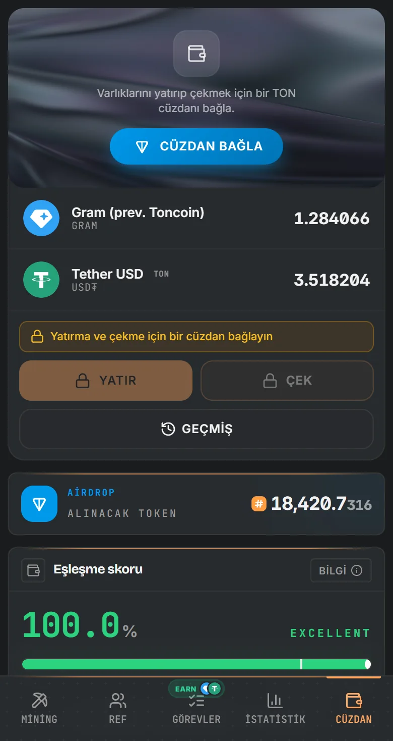 GRAM ve USD₮ bakiyeli TotalHash cüzdanı