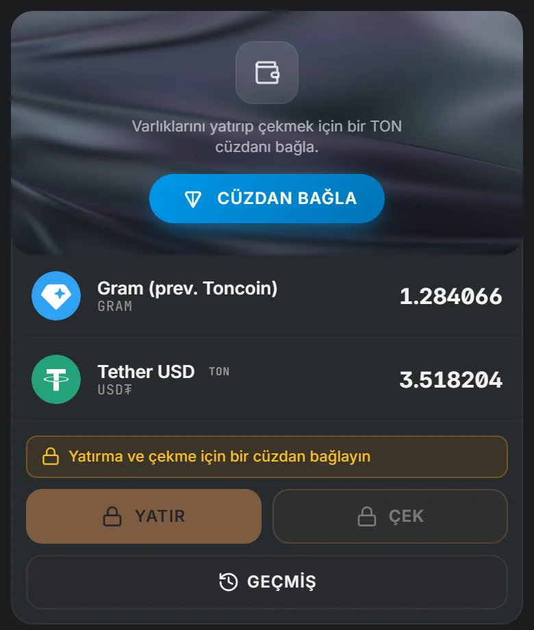 GRAM ve USD₮ bakiyeli TotalHash yerleşik cüzdanı