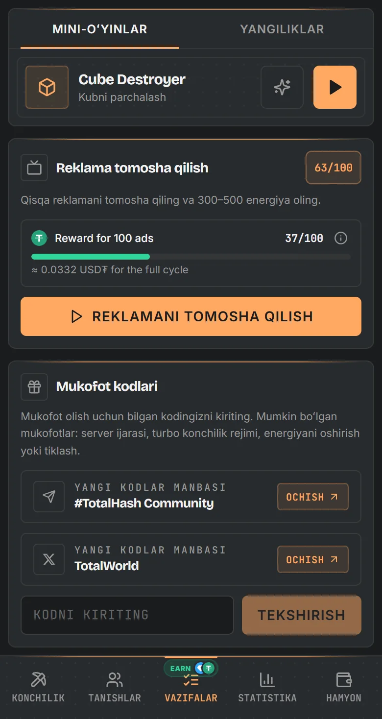 TotalHash topshiriqlar ekrani: mini-o'yinlar, USD₮ jarayoni bilan reklama va mukofot kodlari