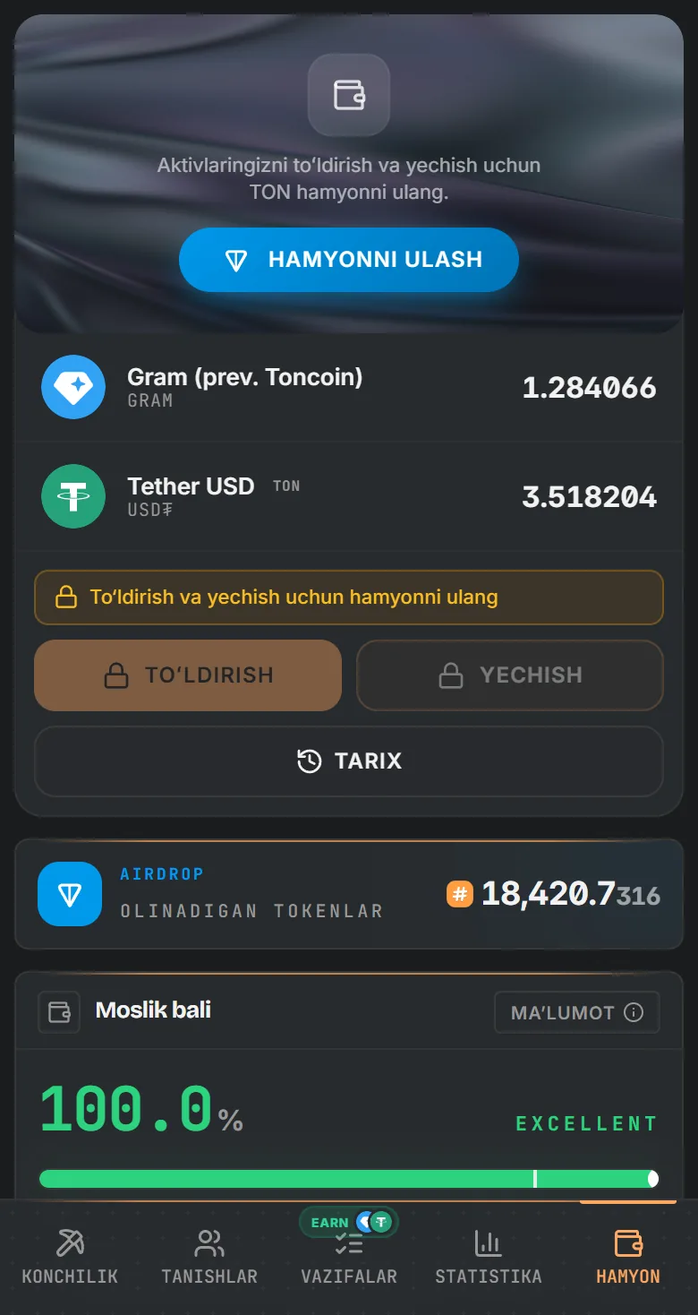 GRAM va USD₮ balanslari bilan TotalHash hamyoni