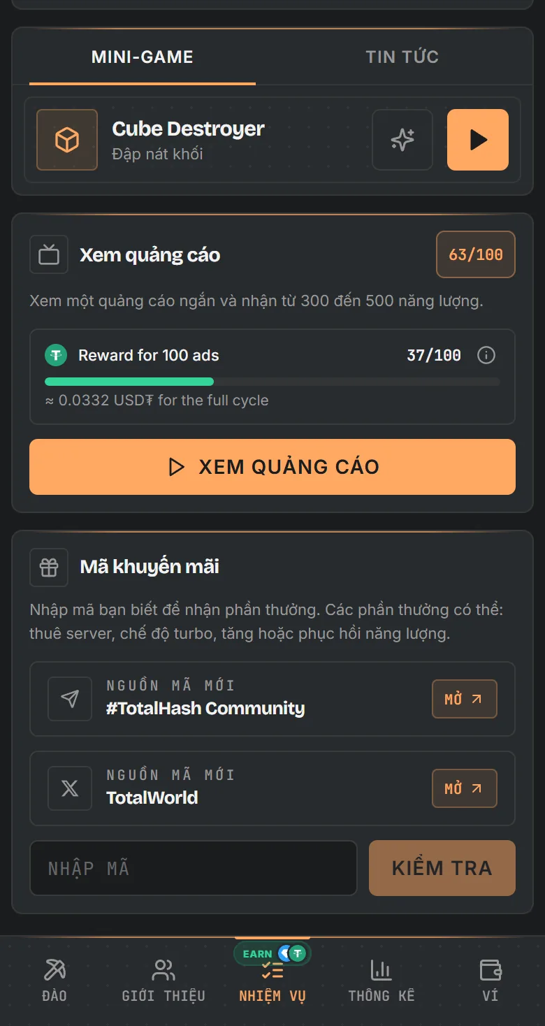 Màn hình nhiệm vụ TotalHash: mini game, quảng cáo với tiến độ USD₮ và mã thưởng