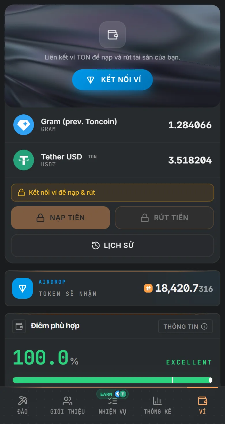 Ví TotalHash với số dư GRAM và USD₮